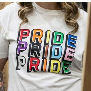 PRIDE Graphic T-Shirt White With Rainbow Color Words LBGTQ - Size S